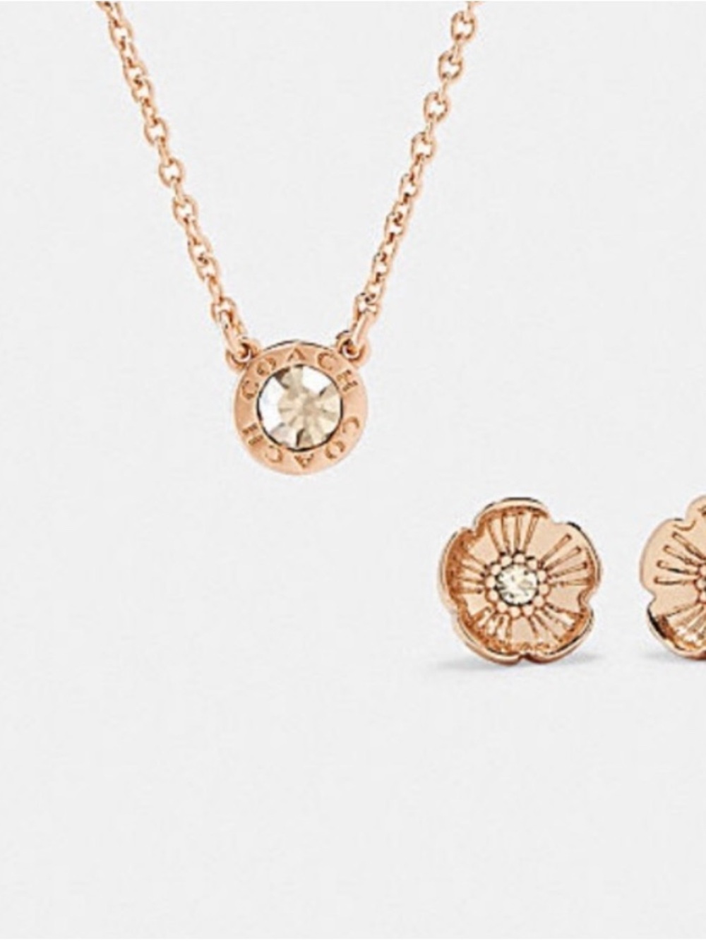 Coach Rose Gold Floral Pendant Necklace with Matching Studs